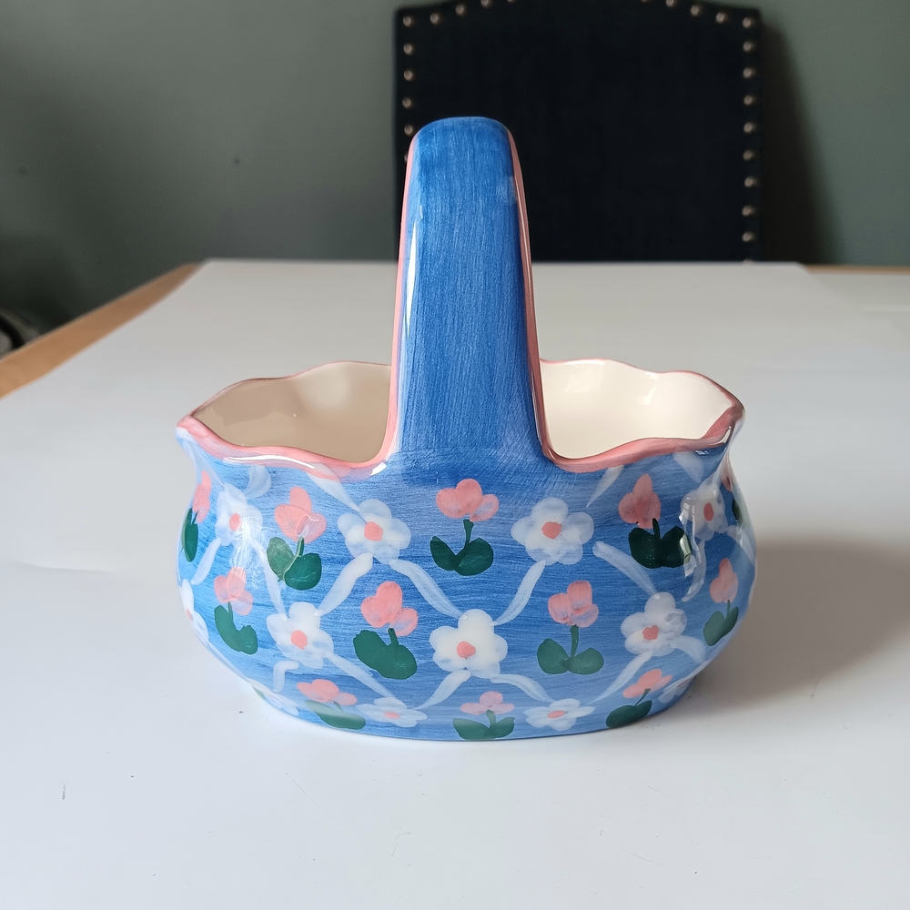 Floral hand Painted Ceramic / Porcelain Basket Planter Home Spring Easter Decor